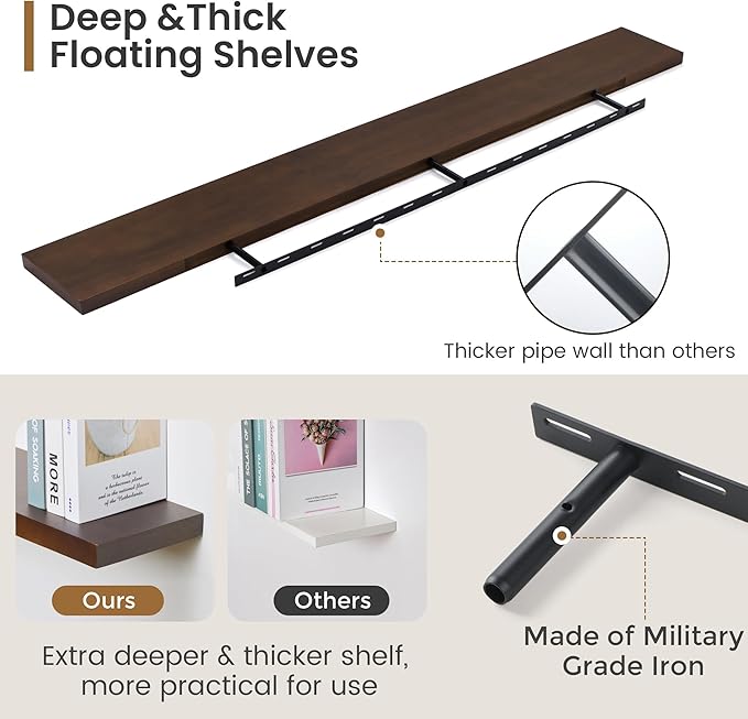 Floating Shelves 72 Inches Long - 8 Inch Deep Rustic Solid Pine Wood for Storage - Farmhouse Wall Mounted for Living Room - Heavy-Duty Metal Bracket - 72" W x 8" D - American Walnut Color