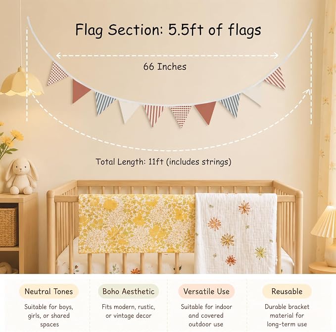 Boys Toddler Room Playroom Nursery Decor, Garland Triangle Banners, 11Ft Vintage Warm Neutral Plaid Design Pennant Banner Bunting Flags Fabric for Baby Shower Birthday Party Wall Art
