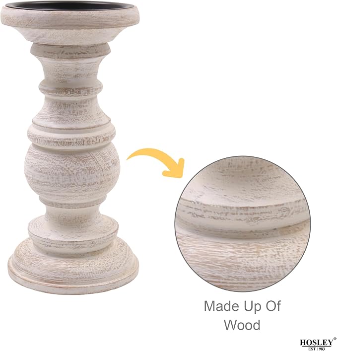 Hosley Set of 3 Whitewashed Wooden Pillar Candle Holders – 10”, 8”, and 6” Heights – Ideal for LED and Pillar Candles, Weddings, Parties, Home Décor, Spa, Reiki, and Aromatherapy