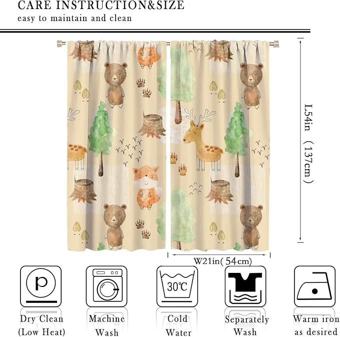 Rustic Animal Curtains, Wild Forest Animal Bear Fox Deer Kids Window Treatments for Living Room Bedroom, Farmhouse Woodland Blackout Drapes 2 Panel Sets, 42x54 Inch
