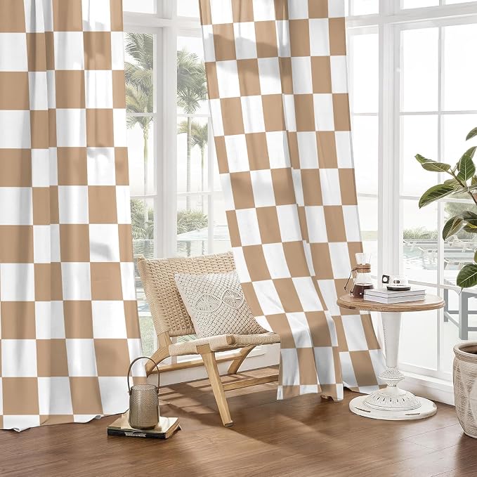 Beige Checkered Curtains for Bedroom,Rod Pocket Brown and White Semi Sheer Curtains Farmhouse Retro Checkerboard Light Filtering Drapes for Living Room,Set of 2 Window Curtain Panels,52 x 72 Inch