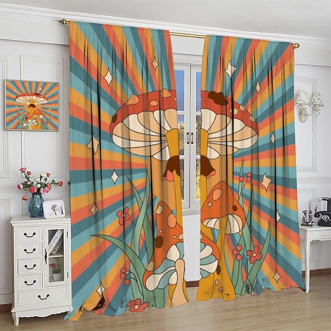 Boho Mushroom Curtains, 1970s Retro Sunset Rainbow Boho Herbs Flowers Blue Yellow Abstract Geometric Print Blackout Window Drapes for Kids Bedroom Living Room 55x63in