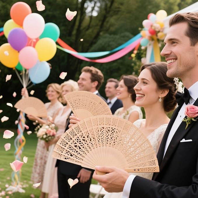 Wobe 60Pcs Sandalwood Fans Wedding Favors Hand Held Folding Fans Openwork | 8 Inch Wooden Personal Handheld Folding Fans for Wedding Party, Home Decorations, Baby Shower, Birthday