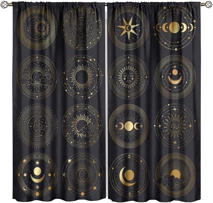 Bohemian Sun Moon Star Blackout Curtains, Golden Retro Style Sun and Moon Pattern Print Window Drapes, for Living Room Bedroom 52x84in 2 Panels