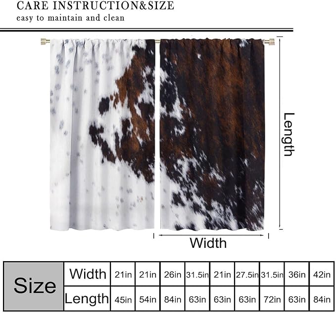 Cowhide Blackout Curtain, Western Cow Print Rustic Brown Black White Animal Fur Skin Drapes, Window Treatments Rod Pocket 2 Panels Curtains for Kitchen Bedroom Living Room Office Deocr 63"W X 63"L