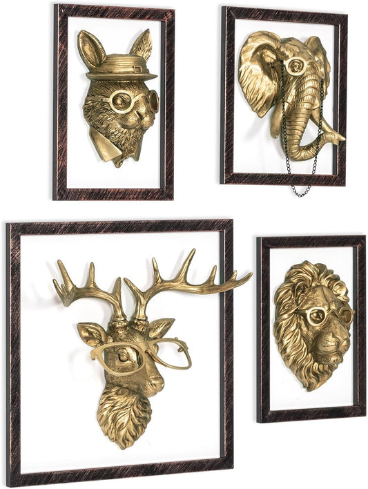 HUYIENO 4PK Animal Head Wall Decor with Metal Frame Flower Vase Gold Handcrafted Hanging Home Decor Sculptures for Living Room Bedroom