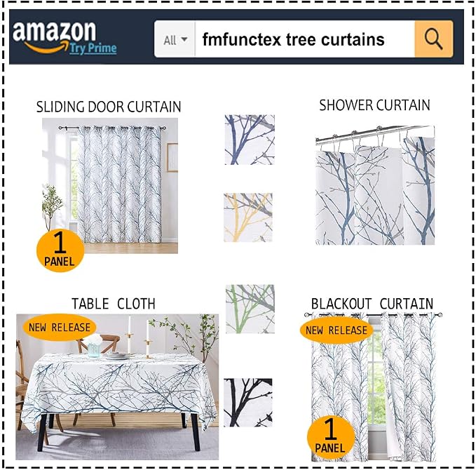 FMFUNCTEX Blue White Curtains 50" X 45" for Kitchen Living Room Tree Branch Print Wrinkle- Free Small Linen Texture Semi Sheer Window Panels for Bedroom 2 Panels, Grommet Top