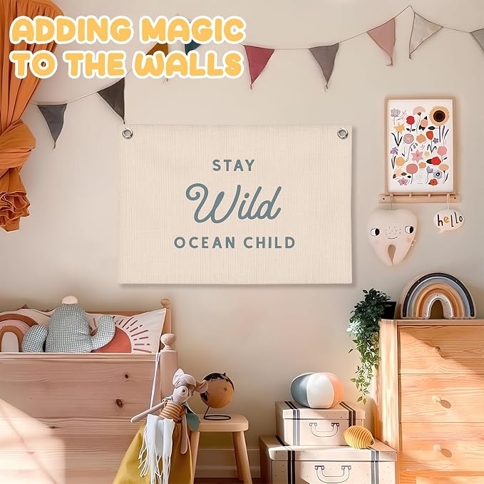 Ocean Nursery Decor, Stay Wild Ocean Child Wall Linen Canvas Banner, Coastal Beach Wall Decor for Kids Boys Girls Toddler Nursery Room Bedroom Playroom 30x20 Inch