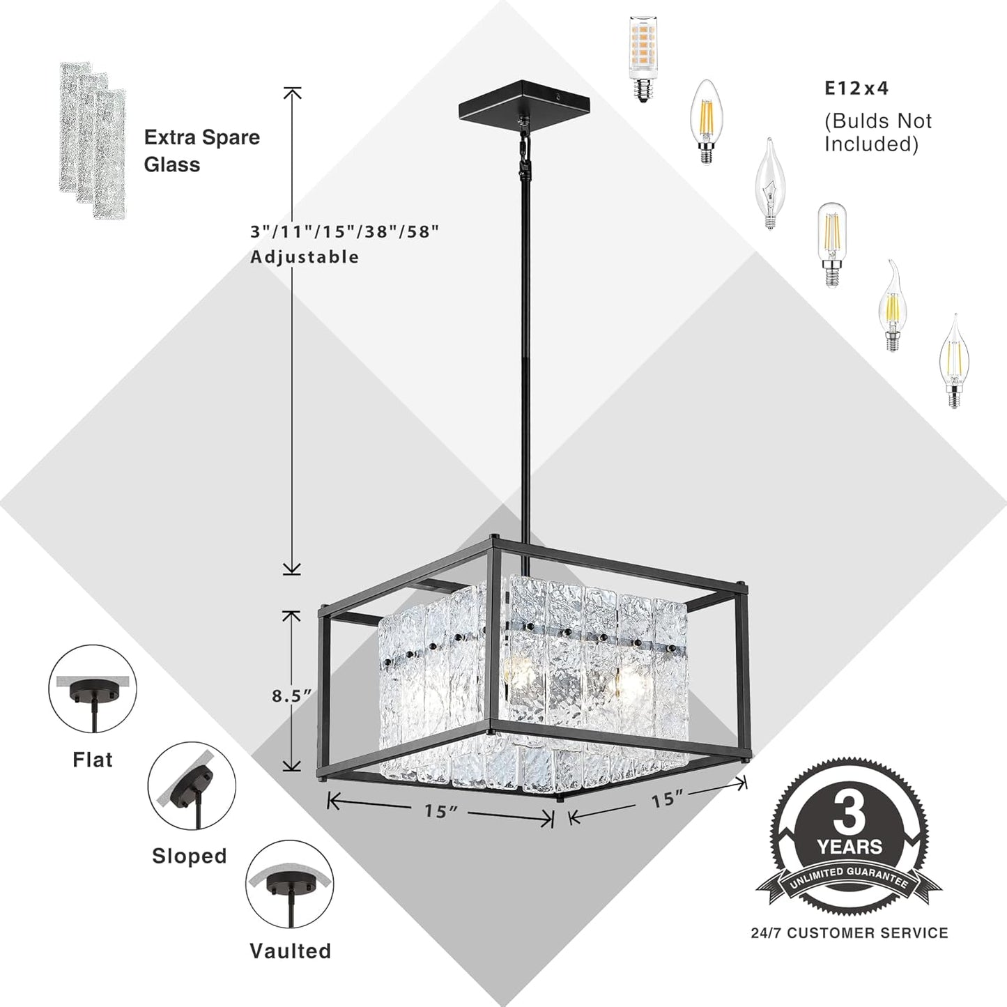 IKK Modern Foyer Chandelier, Black Crystal Chandelier for Dining Room, Square Entryway Light Fixture Hanging, Easily Adjustable Height Glass Chandeliers for Kitchen Island, Elegant Water Ripple
