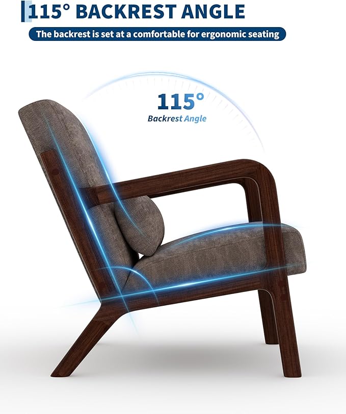 Garvee Mid-Century Chenille Accent Chair Set of 2, Cozy Reading Chair, Modern Lounge Armchair with Lumbar Pillow, Sturdy Wood Frame, for Living Room, Bedroom, Office, Brown
