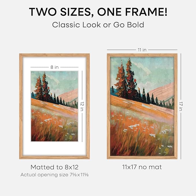 Homeforia 11x17 Wood Frame, High End Natural Oak 11x17 Light Wooden Picture Frame with Mat 8x12, 11 x 17 Poster Frames Matted to 8 by 12 Photo, 17x11 Hanging Frames, Tempered Glass, Wall Kit, Set of 3