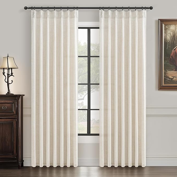 Cream Thick Linen 80 Inches Length Semi Sheer Curtains 2 Panels Set for Bedroom, Pinch Pleated Light Filtering Cottage Core Nursery Window Drapes 80 Inch Long Privacy Farmhouse Curtain with Back Tab