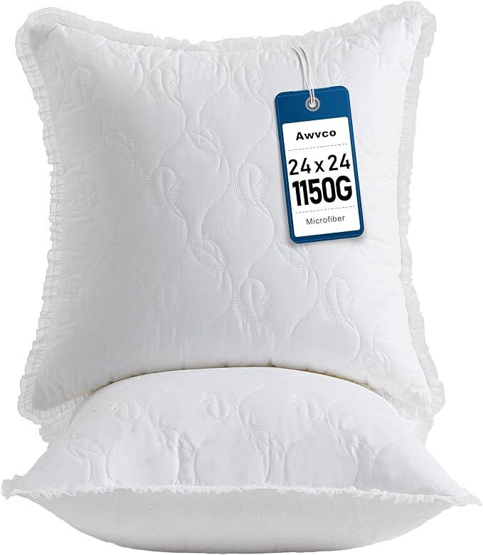 24 x 24 Throw Pillow Inserts with Lace Edge - Soft and Fluffy, Breathable Quilted Cotton Fabric - Decorative Pillows for Couch Sofa Bed, White, Pack of 2