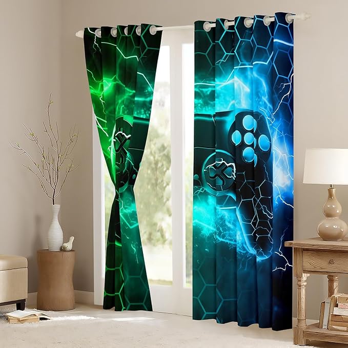 Feelyou Kids Boys Green Gamer Window Curtains Toddler Honeycomb Gaming Blankout Curtains Lightning Gamepad Darkening Drapes Game Room Decor Window Treatments (2 Panels, 38 x 45 Inch)