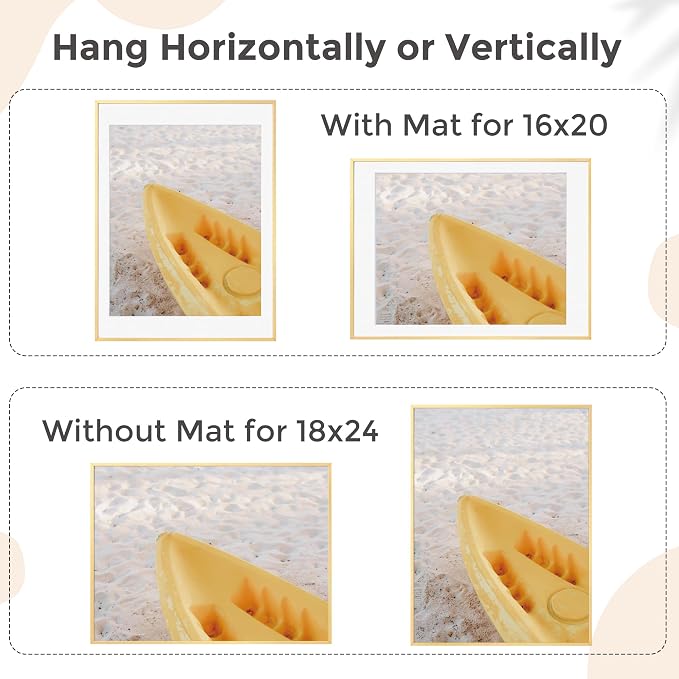 FLYJOE 18x24 Metal Picture Frame For Wall With Mat For 16x20, 18''x24'' Aluminum Photo Frames With Tempered Glass For Home Decor, Minimalist Modern Poster Frame Horizontal And Vertical Formats, Gold