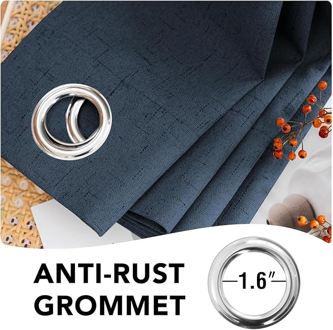 H.VERSAILTEX Linen Curtains 100% Blackout Curtains for Bedroom 102 inch Long Full Light Blocking Nature Linen Blended Window Curtains for Living Room Nickel Grommet (2 Panels, Navy)