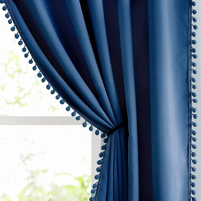Treatmentex Pompom Blackout Window Curtains Navy Royal Blue Full Blackout Curtains for Bedroom Living Room 63 inch Thermal Insulated Window Curtain Panels 52" w x2 Panels Rod Pocket