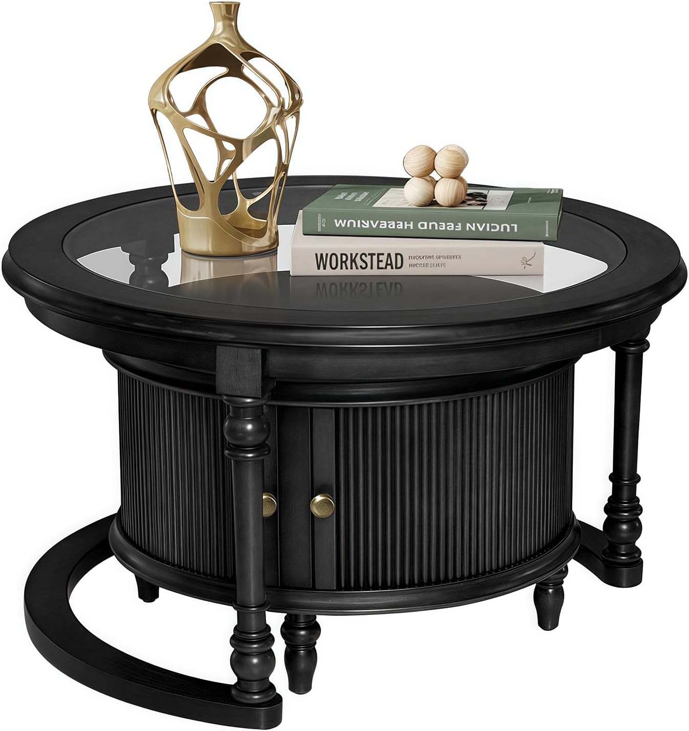 31.5'' Black Nesting Coffee Table Set of 2, Solid Wood Round Nesting Coffee Table Fluted with Storage for Living Room Office