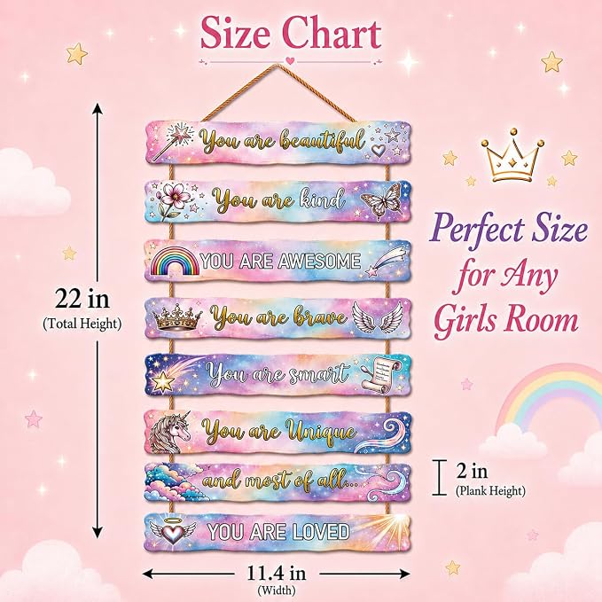 Dreamy Unicorn Room Decor Set of 8 with Led Light for Teen Girls Kids Toddler, Preppy Inspirational Rainbow Galaxy Wood Nursery Wall Decor for Dorm Bedroom, Cute Dreamy Chic Motivational Princess Room Decor