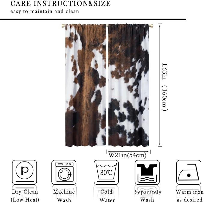 Cow Print Blackout Curtain,Brown White Cowhide Animal Fur Western Rustic Farmhouse Style Window Treatments Rod Pocket Curtain for Bedroom Living Room Kitchen Decor Drapes 42x63in