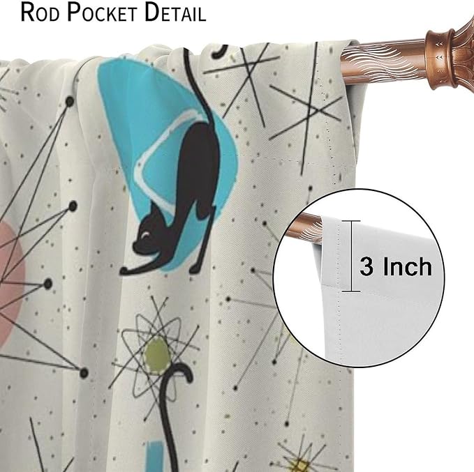 JESTRONRY Mid Century Curtains, Black Cat Atomic Stars Abstract Geometric Vintage Kitty Animal Room Darkening Door Window Rod Pocket Curtain for Living Room Bedroom 55x63in
