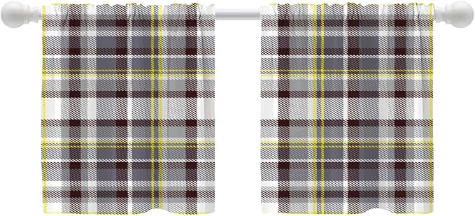 Shrahala Grunge Vintage Art Plaid Blackout Curtain Tiers, Tartan Grey Kitchen Valance Light Blocking Tier Drapes with Rod Pocket, 2 Pack 26 X 24 in