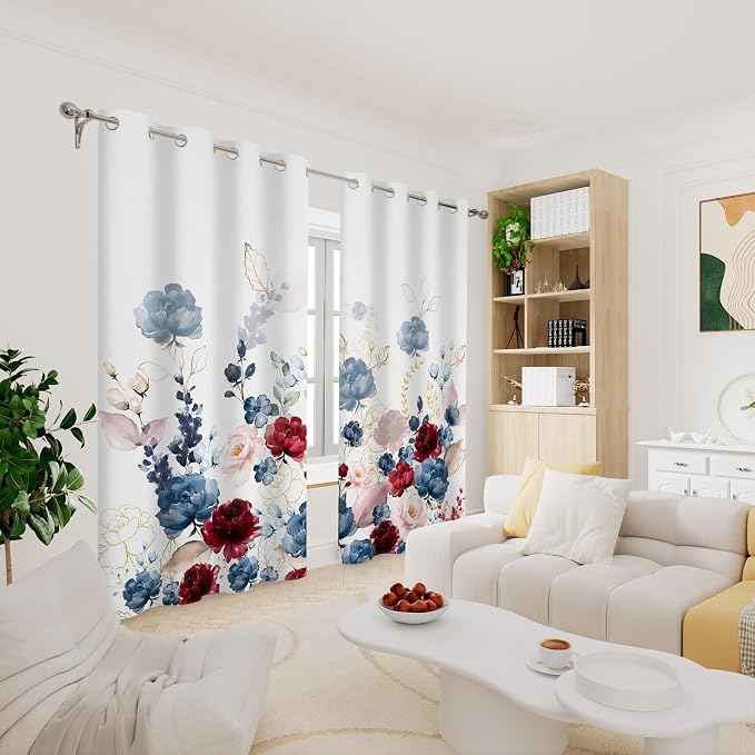 Renaiss Floral Blackout Curtains Watercolor Gray Blue and Red Peony Flower Bloossom Thermal Insulated Window Drapes for Bedroom 29W x 55L inches 2 Panel Set Window Curtains for Kitchen