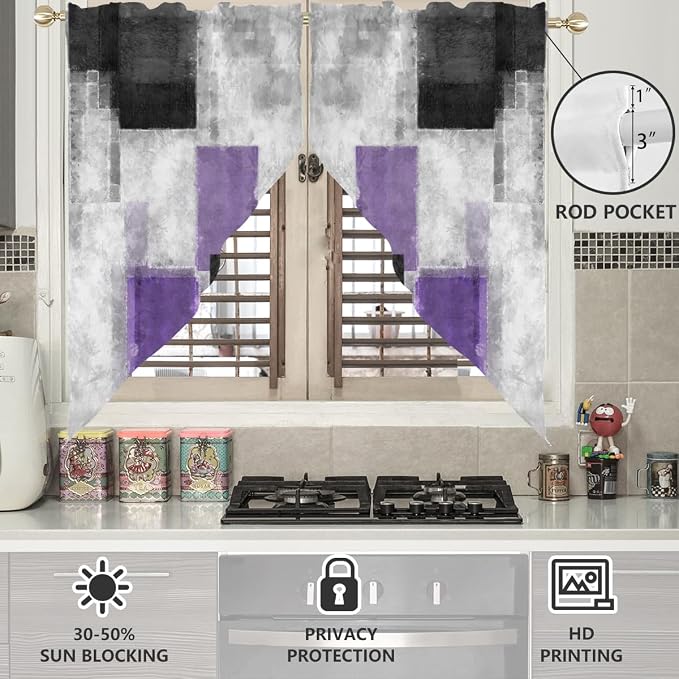 AAtter Purple Kitchen Valance Curtain for Window Lavender Modern Abstract Fun Plum Ombre Small Short Swag Topper Bathroom Living Room Bedroom Rod Pocket Drapes Fabric 1 Pair, 28" W x 36" L, Geometric