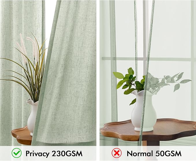 MIULEE Non-See-Through Privacy Linen Curtains 2 Panels, Sage Green Light Filtering Window Curtains 90 Inches Long, Farmhouse Textured Back Tab Semi Sheer Drapes for Bedroom Living Room, Light Green