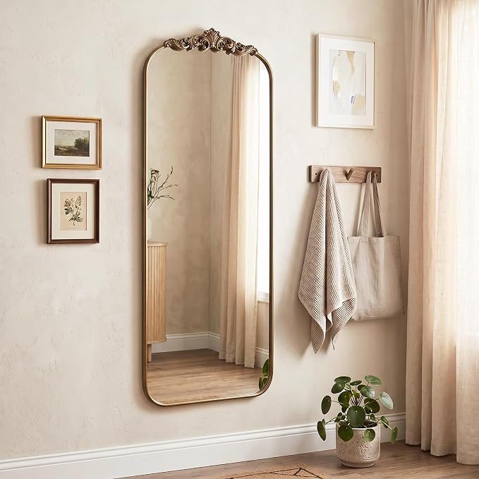 Vintage Gold Arched Full Length Mirror 56"x21" with Metal Frame | Ornate Baroque Design,HD Tempered Glass,Wall Mount,Antique Gold Finish