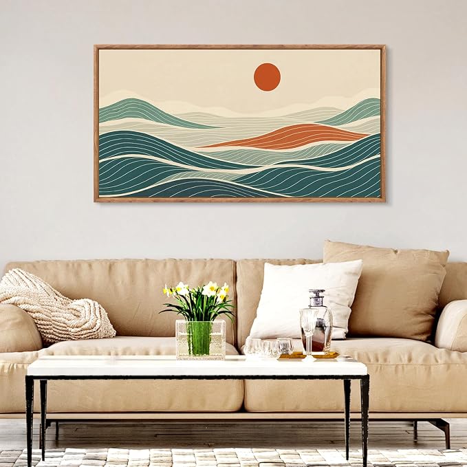 CHDITB Long Coastal Framed Wall Art, Minimalist Coastal Horizontal Wall Decor, Abstract Waves Line Artwork Ocean Sea Painting, Modern Beach Above Bed Art Prints for Nautical Theme Bedroom 40"x20"x1