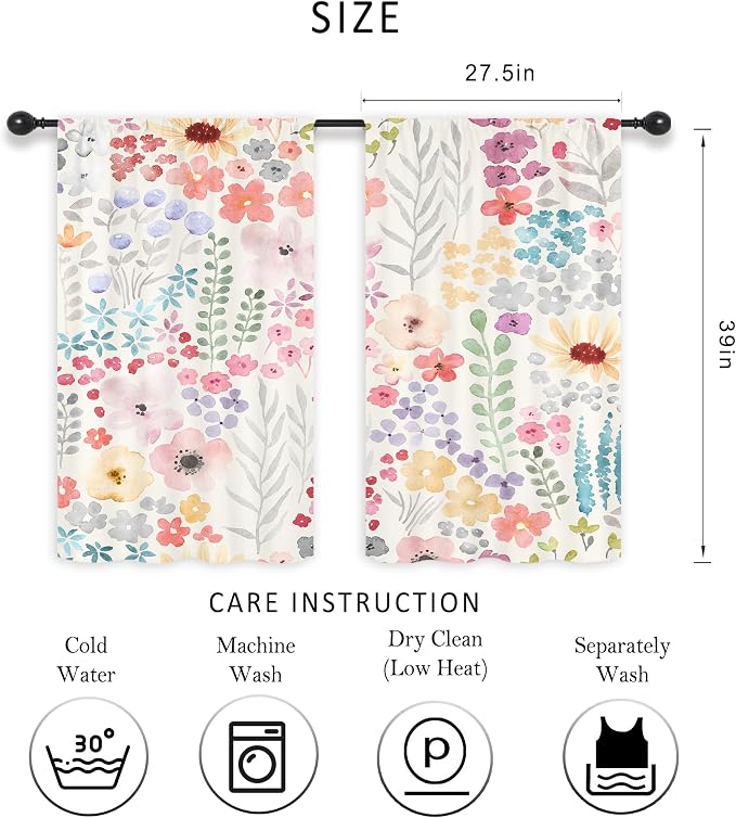 Riyidecor Colorful Floral Kitchen Curtains Short Small Pink Cute Boho Wildflower Trendy Watercolor Plant Leaves Botanical Rod Pocket Girls Bedroom Living Room Treatment Fabric 2 Panels 27.5Wx39H Inch