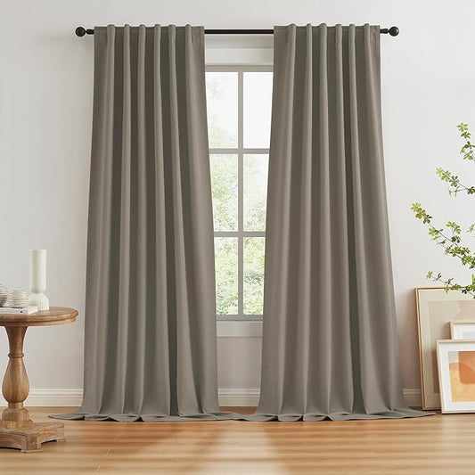 KEQIAOSUOCAI Extra Long Blackout Curtains 132 Inches Long 11 ft for High Ceiling Living Room Back Tab Rod Pocket Hook Belt Pleated Look Thick Vertical 2 Story Drapes 50 Wide 2 Panels, Taupe