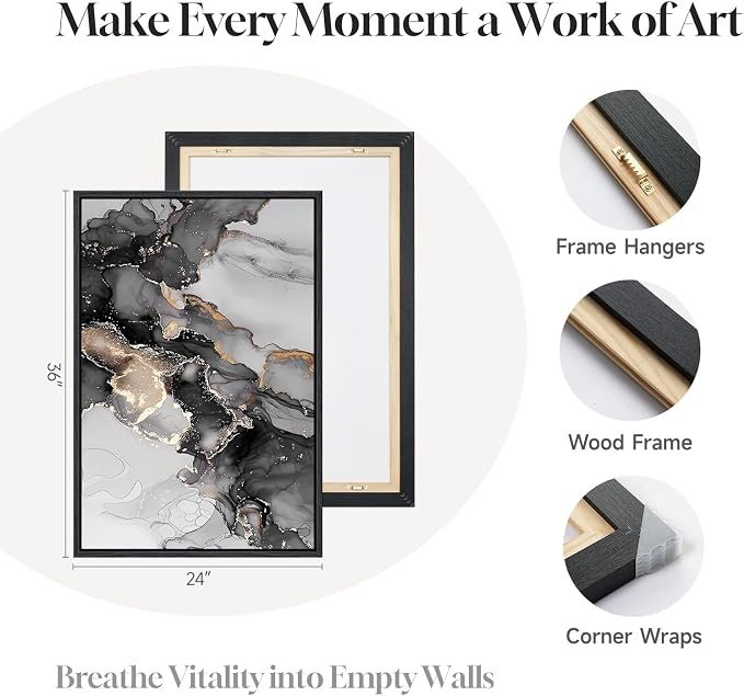 Framed Abstract Black and Gold Wall Art for Living Room, Set of 2 Large Modern Canvas Paintings Prints, Contemporary Marble Motifs Picture Artwork for Bedroom Office Hallway Wall Decor, 24x36 Inch