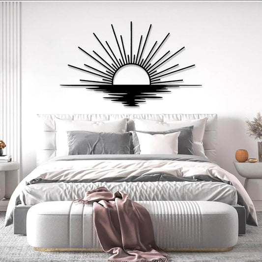 Sunrise Metal Wall Art, Metal Sun Wall Decor, Sun Outdoor Wall Art, Abstract Sunrise Wall Decor, Boho Home Hanging, Living Room Wall Hanging (Black, 59"x35"/150x90cm)