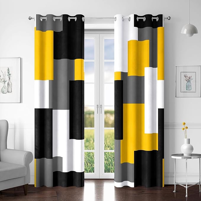 Tyrot Yellow 100% Blackout Curtains for Bedroom 96 inch Long 2 Panels Set Mustard Yellow Grey Modern Abstract Geometric Black Out Curtains Room Darkening Window Drapes for Living Room, 52Wx96L