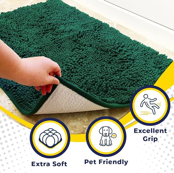 Muddy Mat® | Super Water Absorbent Door Mat Indoor, Microfiber Quick Dry Chenille Entryway Rug, Slip Resistant Front Door Mat, Indoor Mats for Entryway, Machine Washable Pet Rug, Dark Green 3ft x 8ft