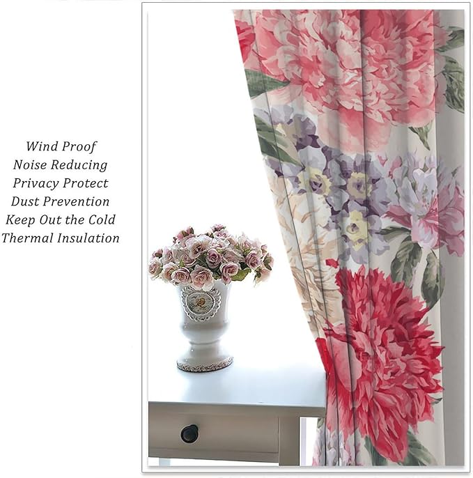 Floral Blackout Window Curtain Vintage Bouquet of Peony Wild Flowers Nature Botanical Leaf for Home Kitchen Livingroom Coffee Room Window Drapes 2Panel 42" W X 63" L