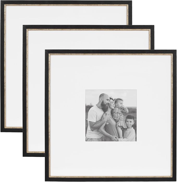 Kate and Laurel Wilbanks Traditional Square Picture Frame Set of 3, 18 x 18 matted to 8 x 8, Black and Gold, Vintage Three-Piece Frame Set for Gallery Wall Frame Set in Living Room Wall Decor