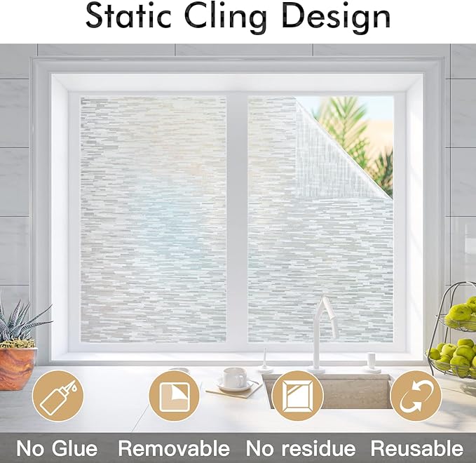 Haton Window Privacy Film, Frosted Glass Film, Sun Blocking Static Cling for Bathroom & Office, Heat Control Anti Glare Removable, UV Rejection Non-Adhesive Covering for Home, 23.6" x 157.4"
