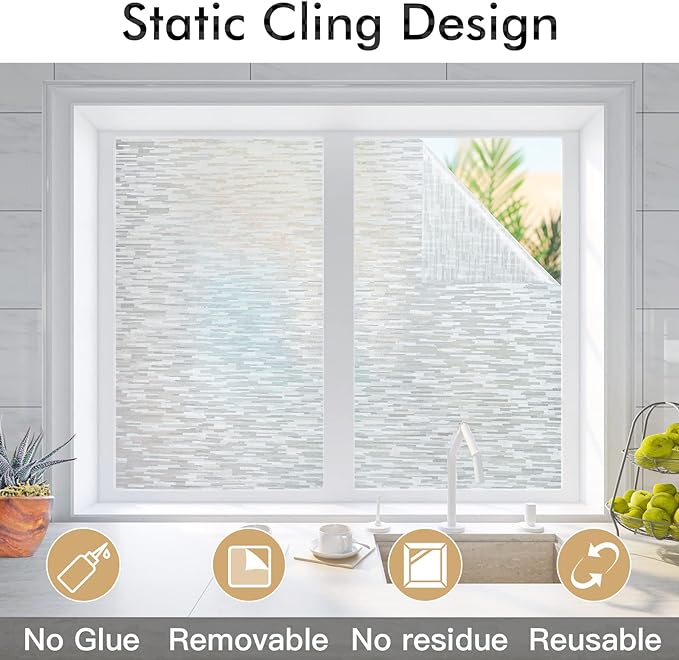 Haton Window Privacy Film, Frosted Glass Film, Sun Blocking Static Cling for Bathroom & Office, Heat Control Anti Glare Removable, UV Rejection Non-Adhesive Covering for Home, 17.5" x 157.4"