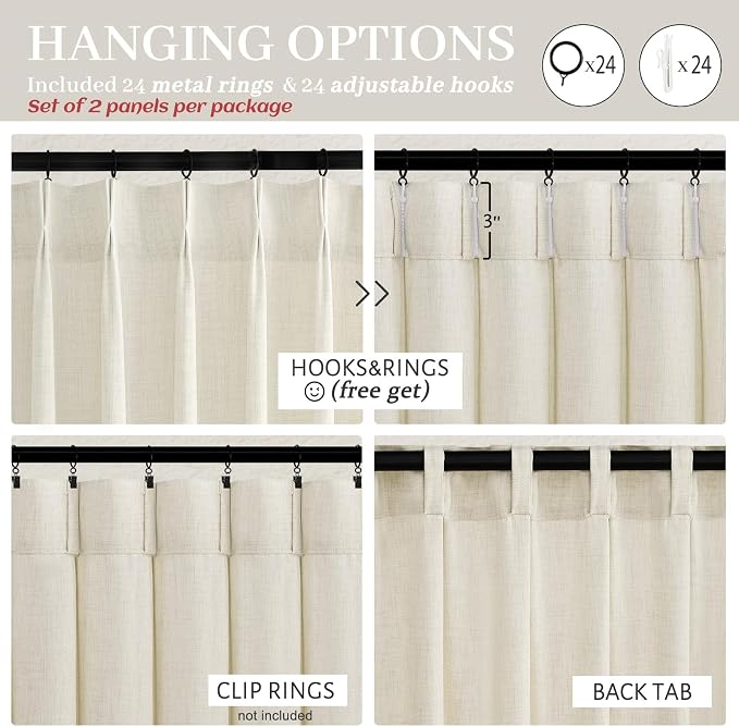 Cream Pinch Pleated 70 Inch Extra Wide Bedroom Curtains 84 Inch Long 2 Panels Set, Memory Trained Light Filtering Privacy Thick Natural Linen Semi Sheer Farmhouse Windows Curtain & Drapes 7 FT Length