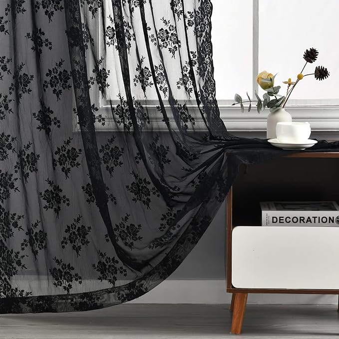 Kotile Black Lace Curtains 96 Inch Length, Vintage Rusitc Floral Sheer Lace Drapes, Gothic Black Sheer Curtains for Living Room, Rod Pocket Window Curtain Panels, 52 x 96 Inch, 2 Panels