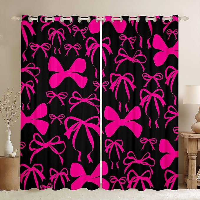 Feelyou Cute Bowknot Room Darkening Blackout Curtain Boys Girls (2 Panels, 52 x 84 Inch) Bow Curtains for Bedroom Living Room Pink Girls Bow Blackout Curtains Kawaii Window Treatments