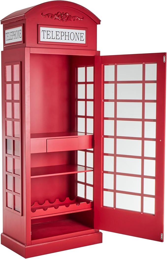 Deco 79 Wooden Telephone Standing Wine Rack Vintage London Booth 2 Shelf and 6 Bottle with Drawer Storage, 26" x 15" x 74", Red