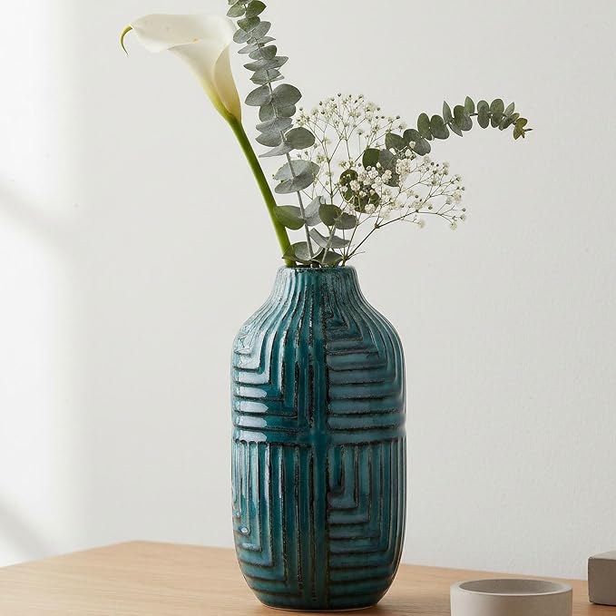 hjn Teal Hand-Glazed Ceramic Vase - 10.6" H Modern Decorative Centerpiece Vase for Fresh/Dried Flowers, Home Decor for Living Room Bookshelf Mantel | Wedding Housewarming Gift