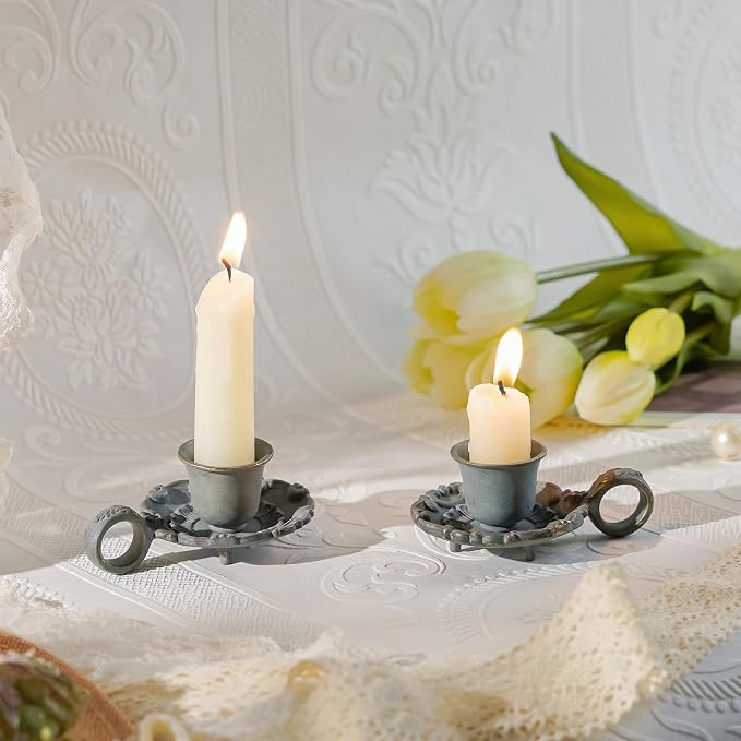 NIKKY HOME Vintage Taper Candle Holders Set of 2, Small Candlestick Stand | Decorative Handled Rustic Blue Metal Candle Stick Holders, Elegant Table Decor for Centerpieces, Weddings, Dinners, Mantels