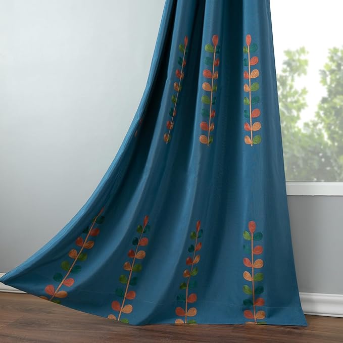 VOGOL Country Style Faux Linen Curtains, Colorful Leaf Pattern Window Treatments for Bedroom, Not See Through Drapes Home Decor for Living Room, 59 x 79, 2 Packs, Dark Blue