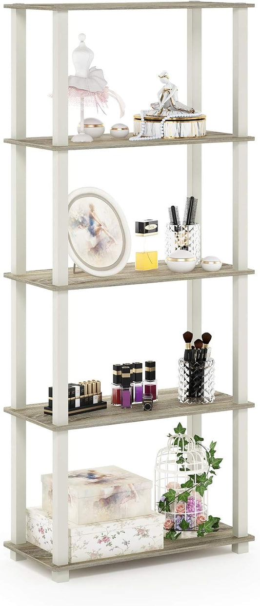 Furinno Turn-N-Tube 5-Tier Multipurpose Shelf / Display Rack / Storage Shelf / Bookshelf, Square Tubes, Sonoma Oak/White