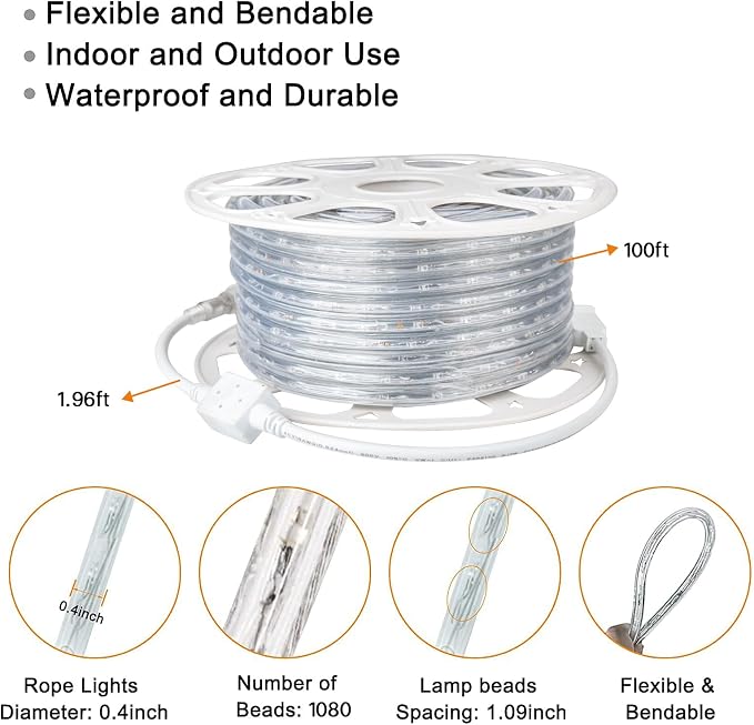 SURNIE Rope Lights Outdoor Waterproof Daylight White: LED 100FT Cuttable Outside Bright 110V Lighting 6000K Connectable Flexible Cool Clear Tube, Indoor Deck Patio Xmas Camping Decor, Not Flat Strip